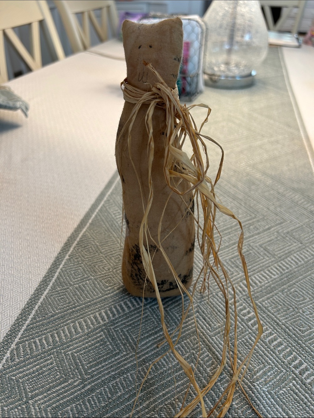 Handmade Primitive Cat Figure in Natural Tan with Raffia Bow